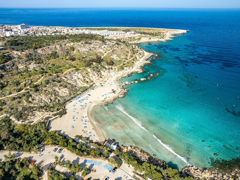 Konnos Beach in Protaras aus der Luft gesehen, Zypern, Europa